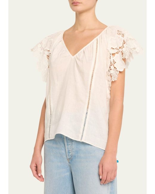 Ramy Brook Natural Hillary Embroidered Flutter-sleeve Blouse