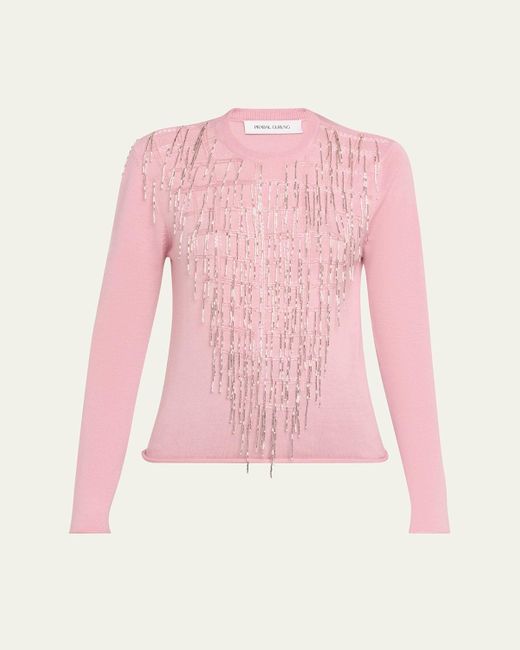 Prabal Gurung Pink Tassle Embroidered Cashmere Crewneck Sweater