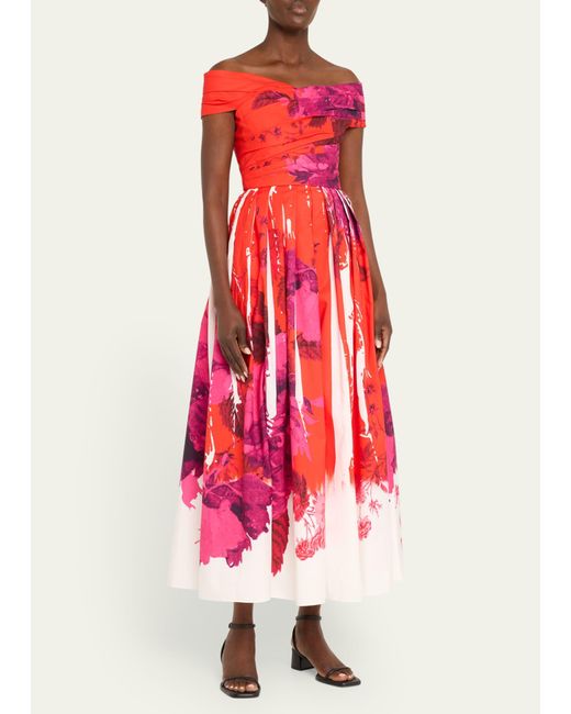 Erdem Red Off-shoulder Floral Print Cocktail Dress