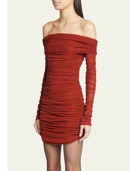 Saint Laurent Red Off-shoulder Ruched Mini Dress