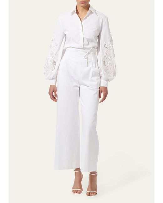 Carolina Herrera Natural Embroidered Puff-sleeve Button-front Blouse
