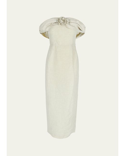 BERNADETTE White Serena Off-shoulder Rosette Linen Dress