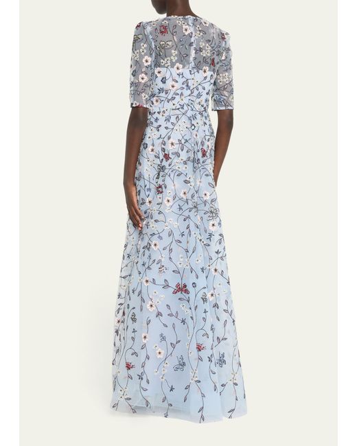 Teri Jon Blue Floral-embroidered Applique Tulle Gown