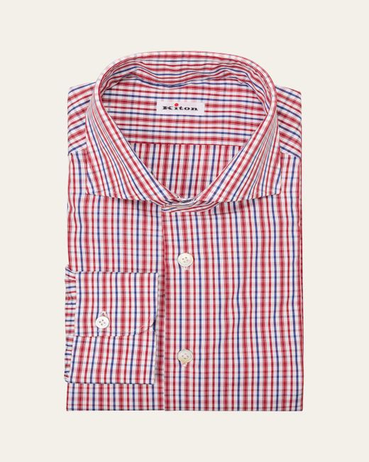 Kiton Pink Plaid Cotton Spread Collar Shirt for men