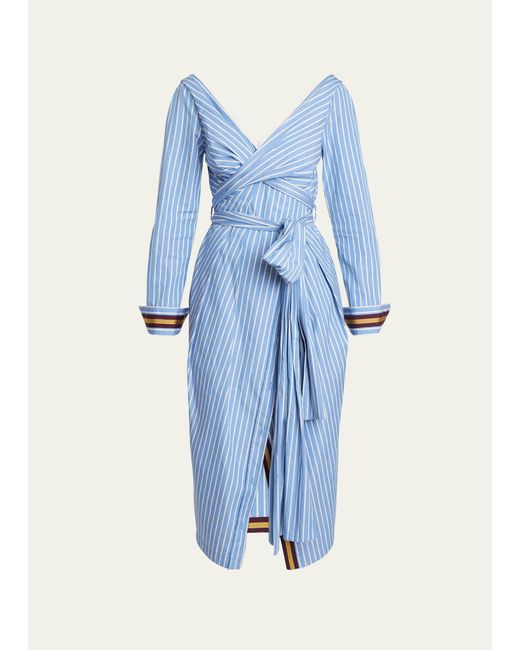 Dries Van Noten Blue Dolada Striped Wrap Dress With Tie Belt