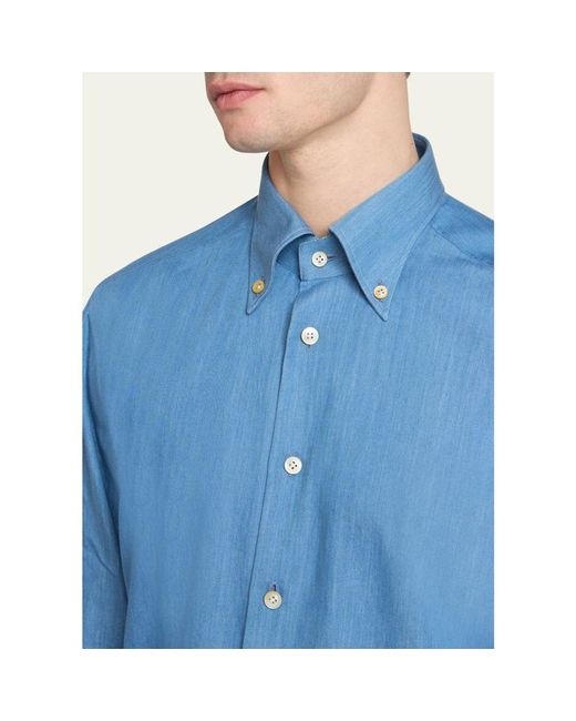 Kiton Blue Cotton Chambray Button-Down Shirt for men