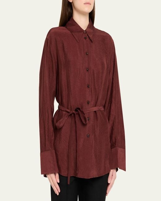 Jason Wu Red Belted Crinkled Silk Button-Down Shirt