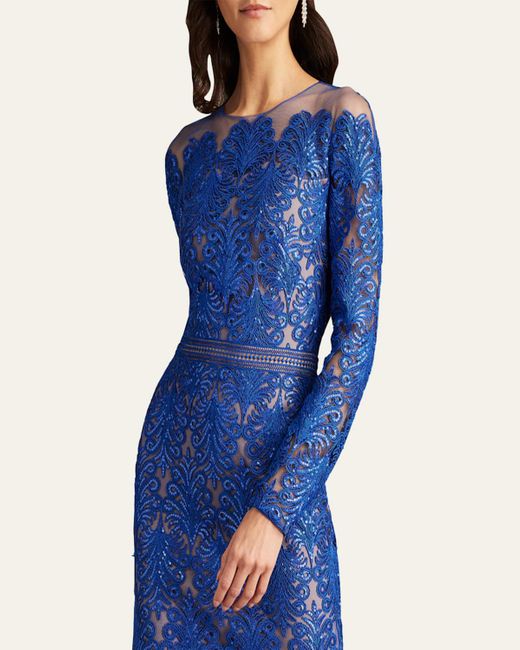 Tadashi Shoji Blue Sequin Illusion Lace Midi Sheath Dress