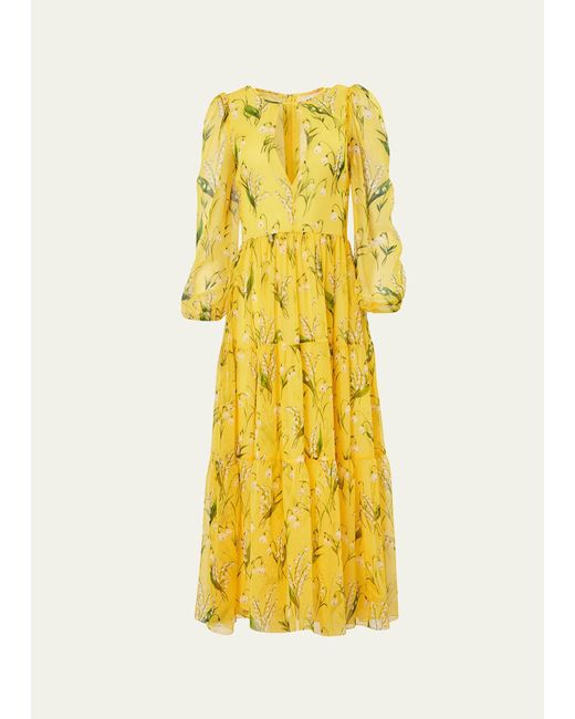 Carolina Herrera Yellow Floral Cutout Tiered Midi Dress