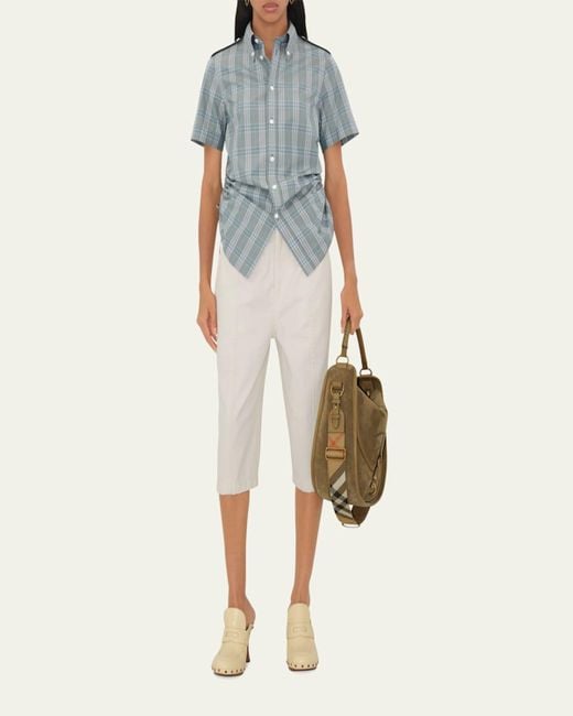 Burberry Blue Check Drawstring Button Down Cotton Shirt