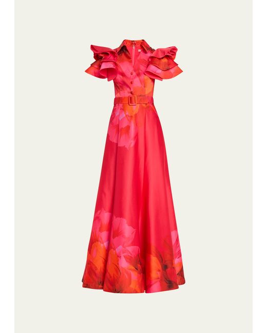 Badgley Mischka Red Floral-print Ruffle-sleeve Shirt Gown