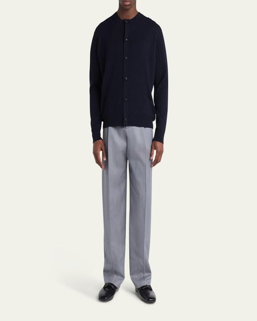 Bottega Veneta Blue Ribbed Wool Cardigan With Leather Buttons for men
