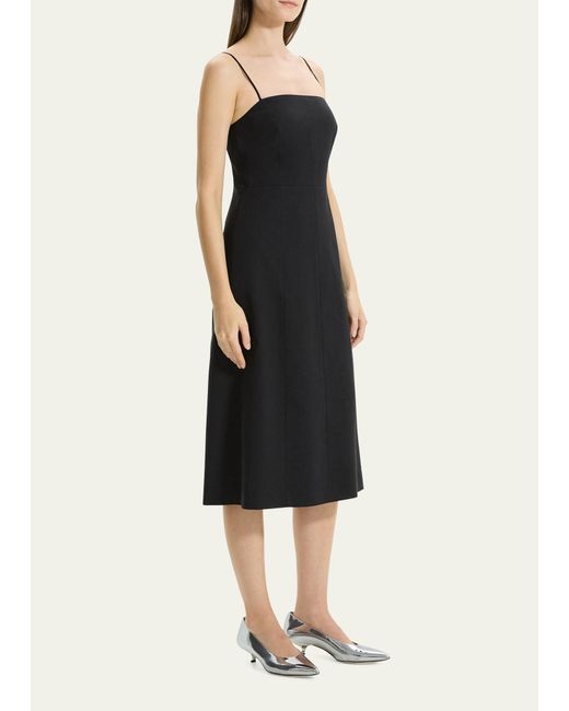 Theory Black Strappy A-line Linen-blend Midi Dress