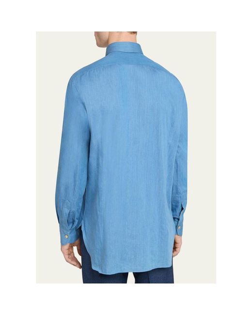 Kiton Blue Cotton Chambray Button-Down Shirt for men