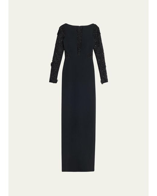 Pamella Roland Blue Black Crepe Gown With Lace Panels And Sleeves