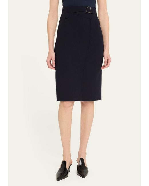 Akris Blue Trapezoid Buckle Wrapped Wool Pencil Skirt