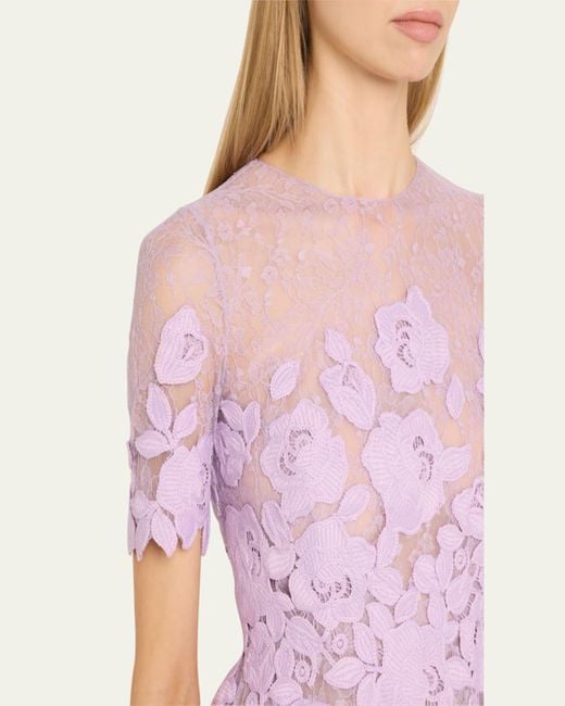 Oscar de la Renta Pink Roses Guipure Lace Applique Fit-Flare Midi Dress