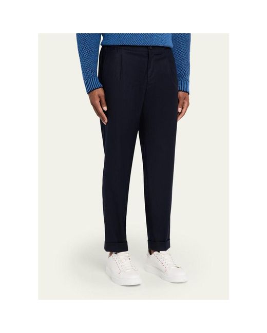 Kiton Blue Wool Stretch Pleated Drawstring Trousers for men
