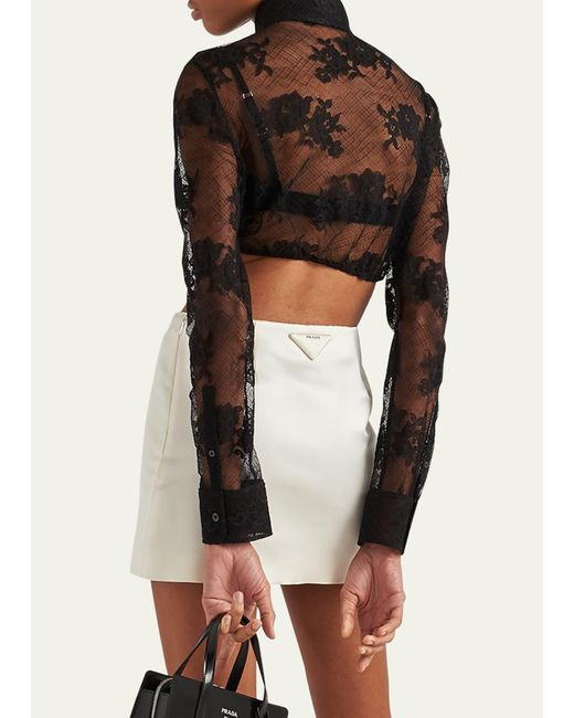 Prada Black Floral Lace Flocked Logo Crop Blouse