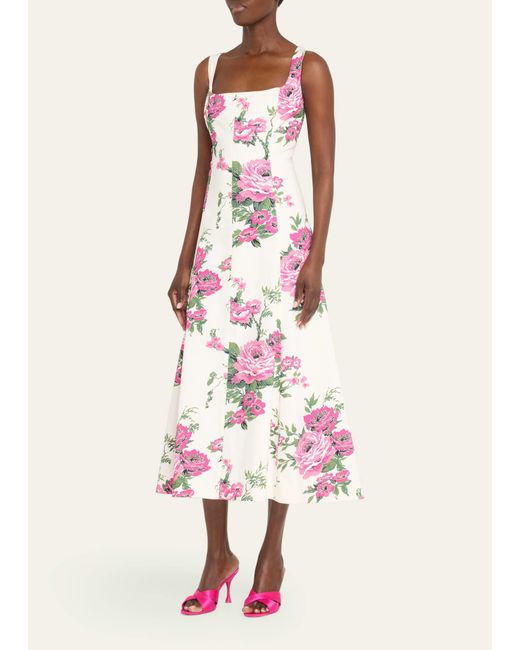 Carolina Herrera Pink Floral-print Square-neck Midi Dress
