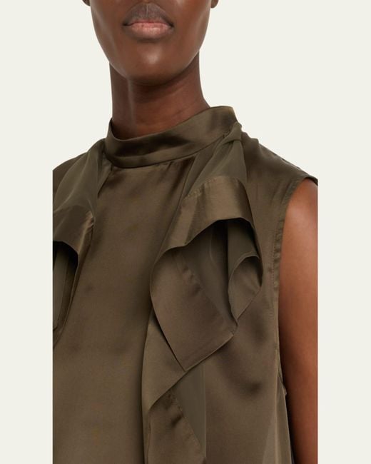 Sacai Green Ruffle High Neck Satin Chiffon Blouse