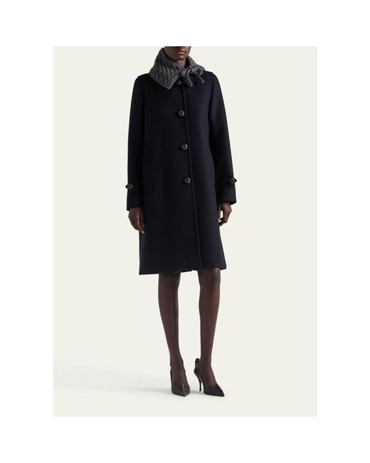 Prada Blue Loden Leather-Button Single-Breasted Wool Coat