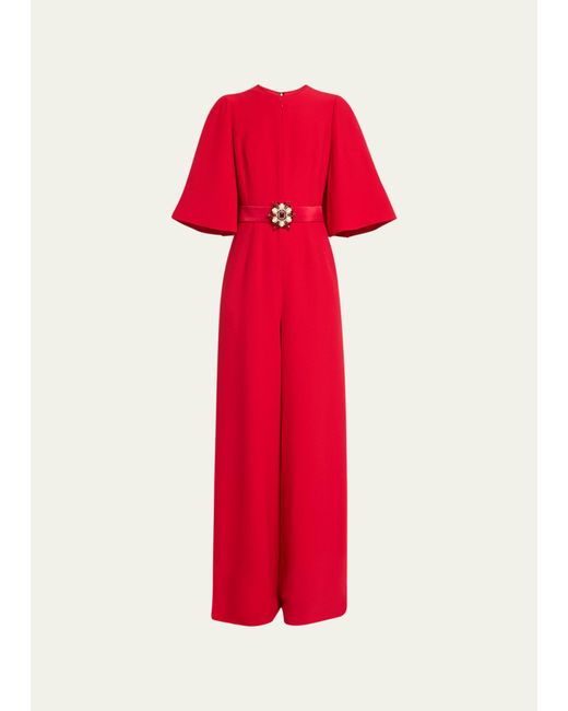 Andrew Gn Red Cape Wide-leg Belted Jumpsuit