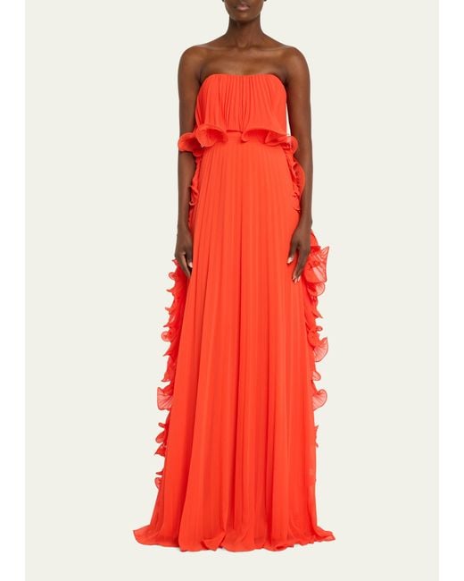 Badgley Mischka Red Strapless Pleated Ruffle Gown