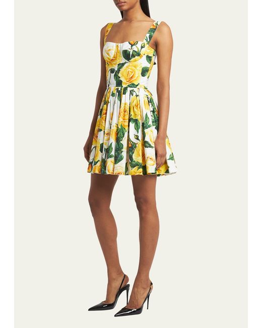 Dolce & Gabbana Yellow Rose Floral Print Mini Dress With Corsetry Construction