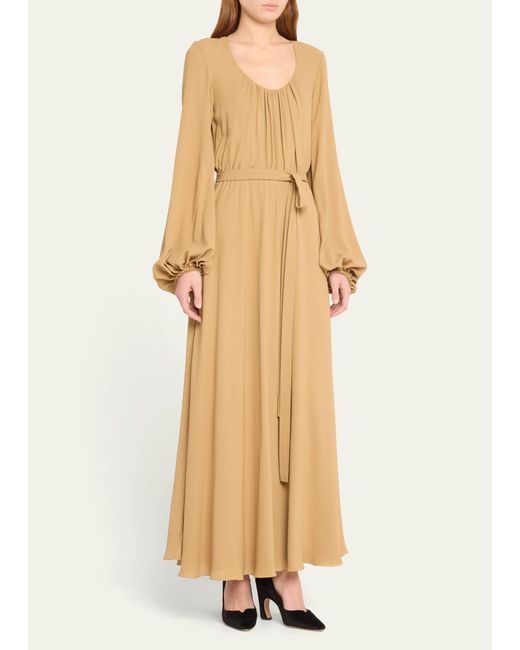 Chloé Natural X Atelier Jolie Scoop-neck Long-sleeve Belted Silk Maxi Dress