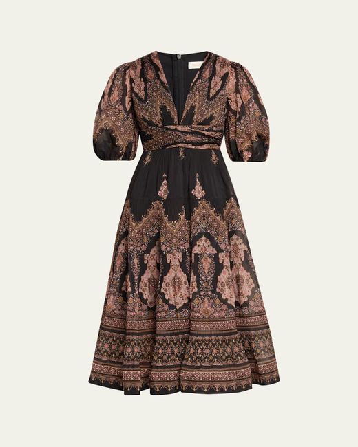 Zimmermann Pleated Puff-Sleeve Midi Dress in Brown | Lyst
