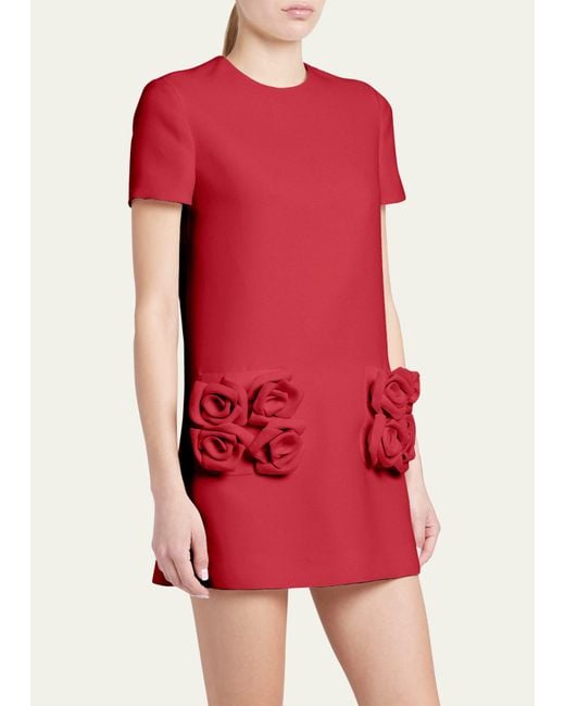 Valentino Garavani Red Crepe Couture Mini Dress With Floral Applique Details
