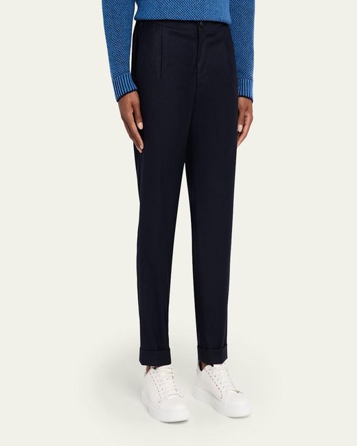 Kiton Blue Wool Stretch Pleated Drawstring Trousers for men