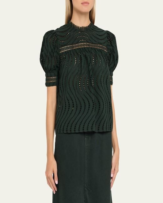 Ulla Johnson Red Virginia Lace Eyelet Short-Sleeve Blouse