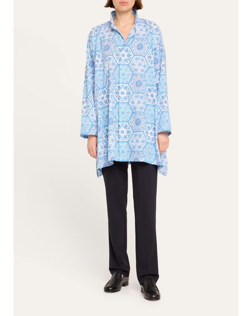 Eskandar Blue Printed Wide A-line Double Stand Collar Shirt (long Plus Length)