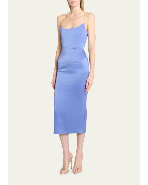 Alex Perry Blue Satin Crepe Curved Strapless Midi Dress