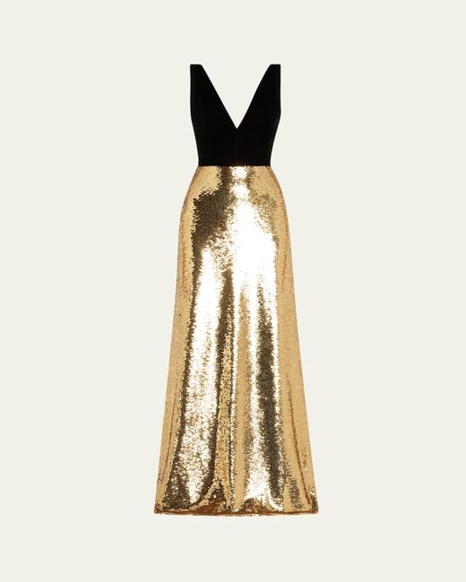 Monique Lhuillier Metallic Velvet Bodice Gown And Train With Sequined Skirt