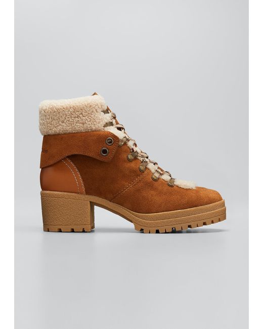 See By Chloé Eileen Mixed Leather Shearling Hiker Booties in Brown | Lyst