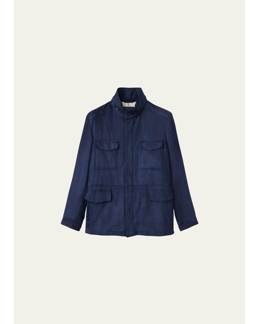 Loro Piana Blue Suede Concealed-zip Field Jacket for men