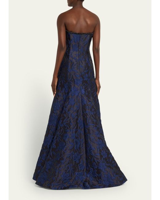 Naeem Khan Blue Jacquard Gown With Embroidered Detail