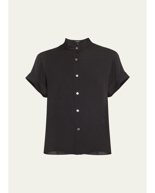 Theory Black Silk Button-front Short-sleeve Military Top