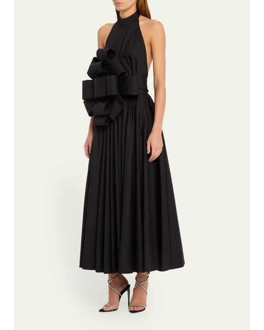 Christopher John Rogers Black Halter Pleated Dress With Car Bow