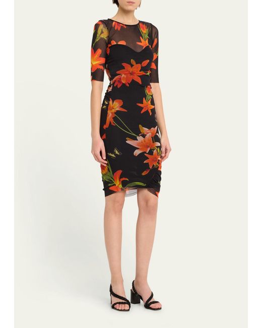 Fuzzi Black Ruched Floral-print Tulle Illusion Midi Dress