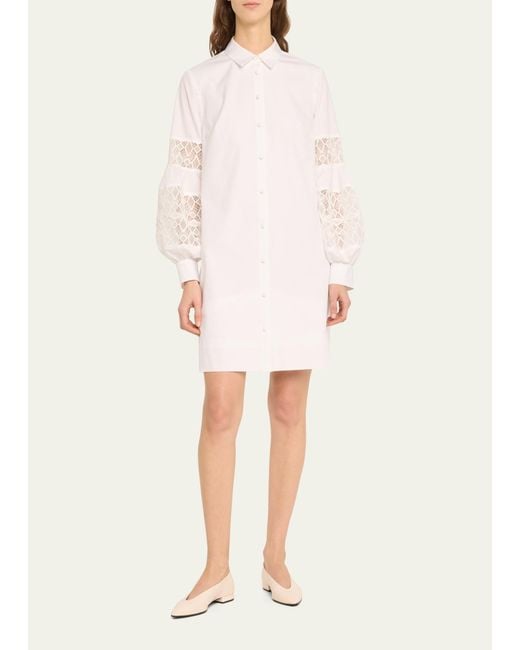 Lela Rose Natural Lace-inset Blouson-sleeve Shirt Dress