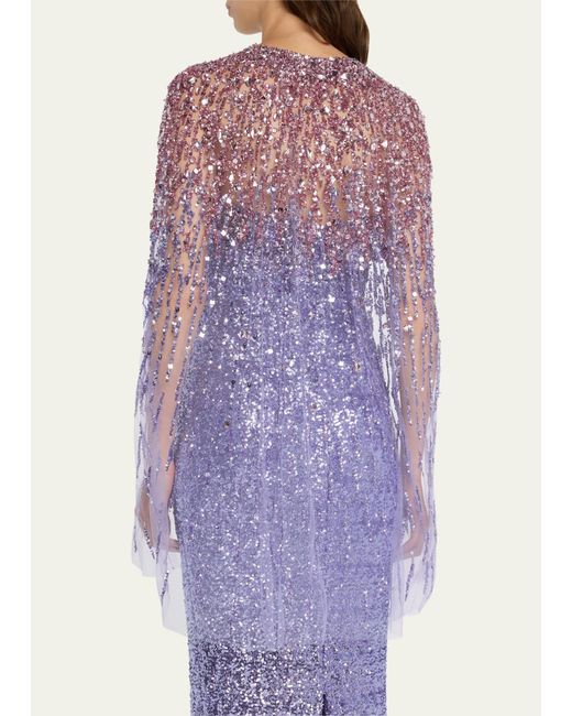 Pamella Roland Purple Sequined Tulle Fingertip Cape With Oversized Crystals