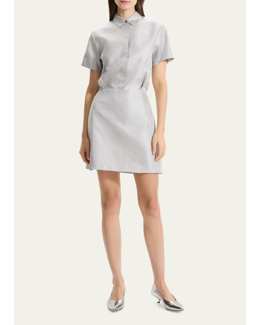 Theory White Silk Short-sleeve Mini Shirtdress