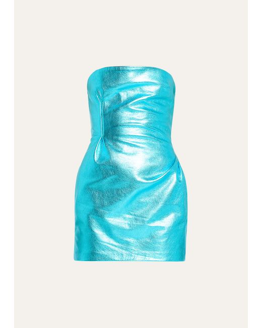 LAQUAN SMITH Blue Strapless Metallic Leather Mini Dress