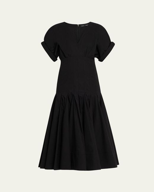 Proenza Schouler Black Ciara Short-Sleeve Poplin Drop-Waist Midi Dress