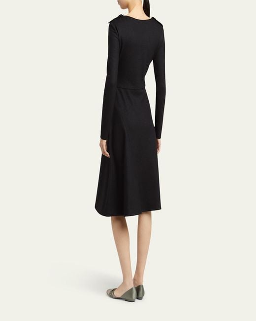 Giorgio Armani Black Shoulder-Epaulet Long-Sleeve Jersey Wool Midi Dress