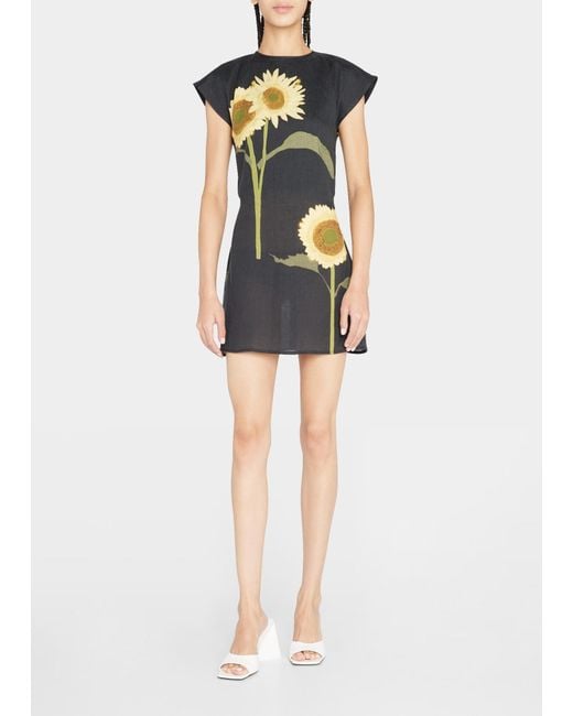 BERNADETTE Black Sunflower-print Linen Mini Dress